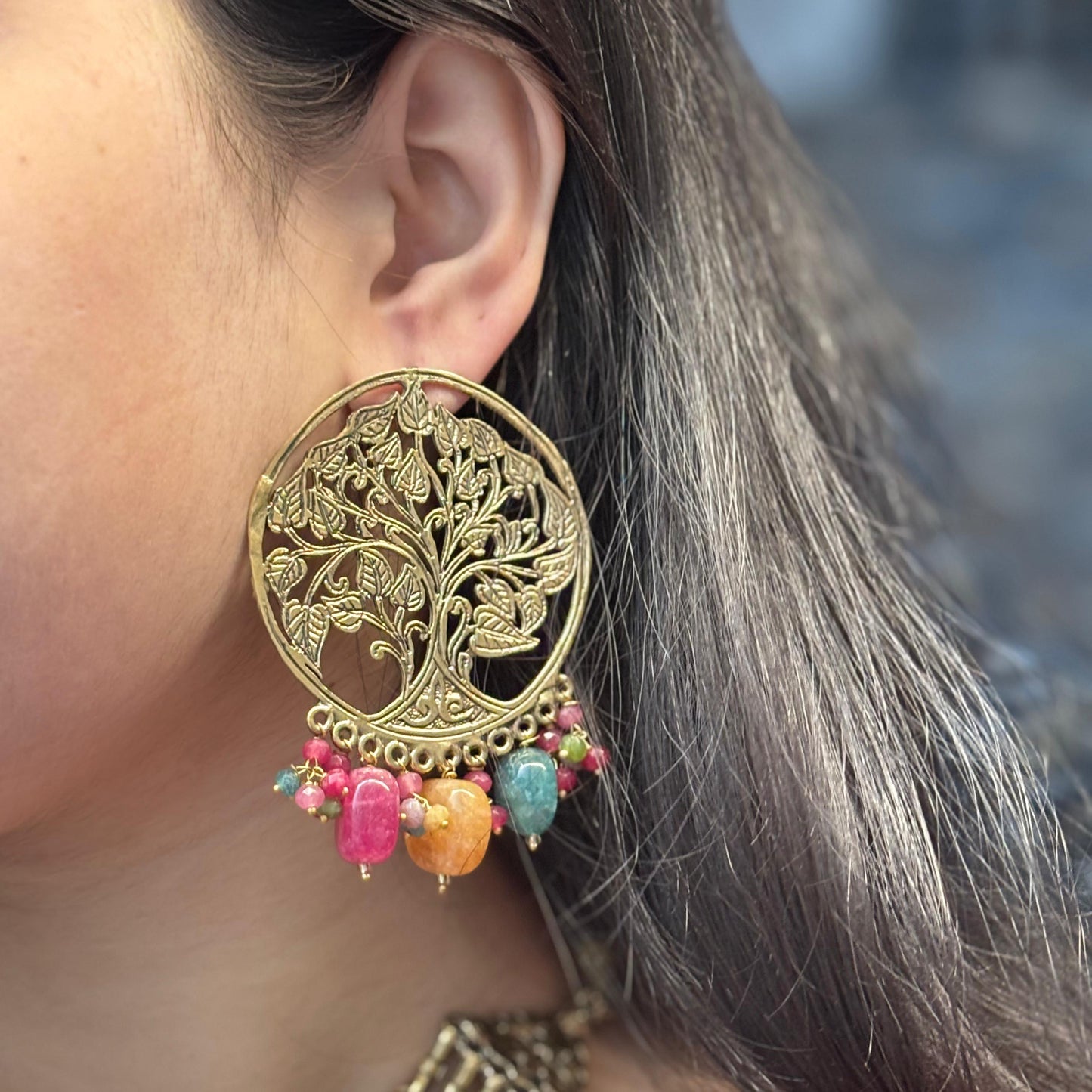 Tree Earrings Semi Precious Stones