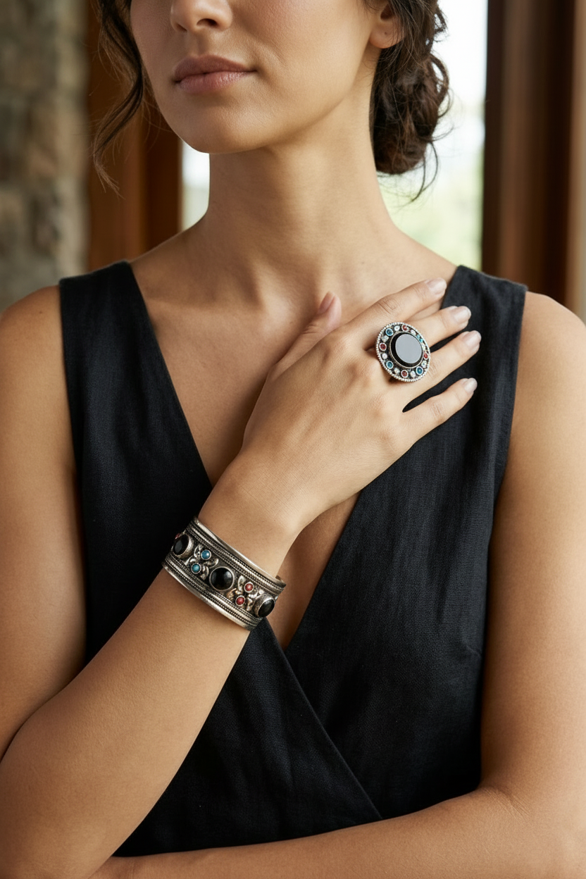 Black Onyx Kazhak hand cuff And Ring