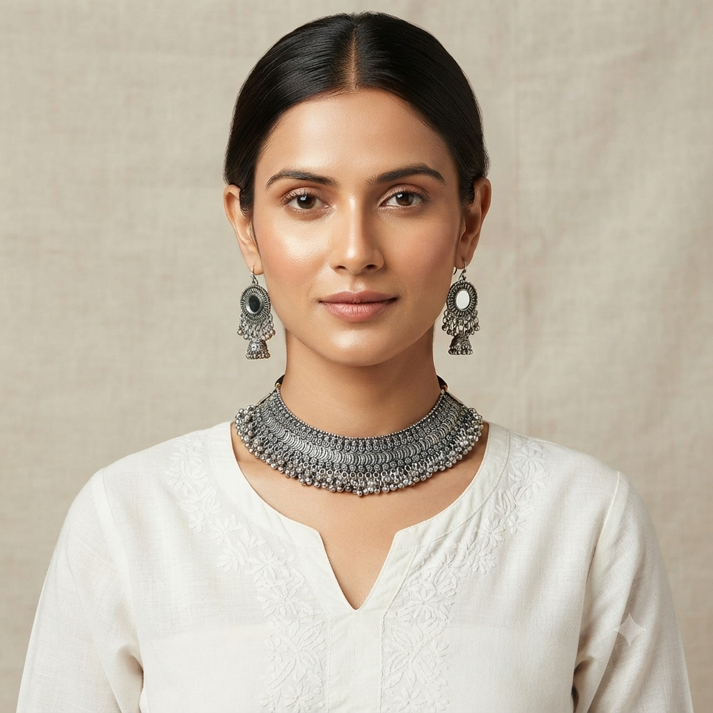 Rajwara Silver oxidized necklace