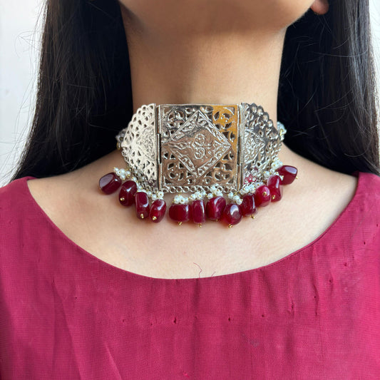 Semi Precious Stones Silver Choker and stud's