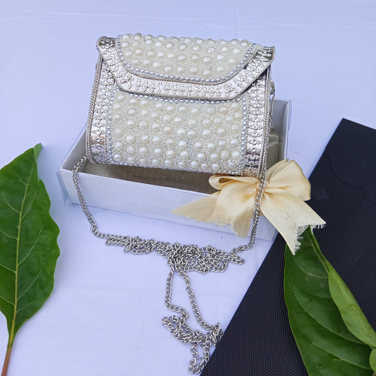 Silver with Pearls Mini Metal Clutch