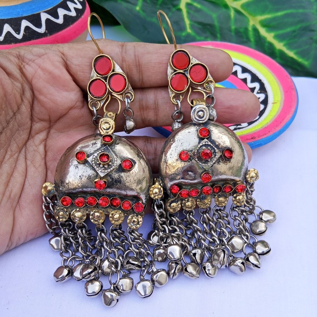 Vintage Oxidized Metal Earrings with Hanging Bells
