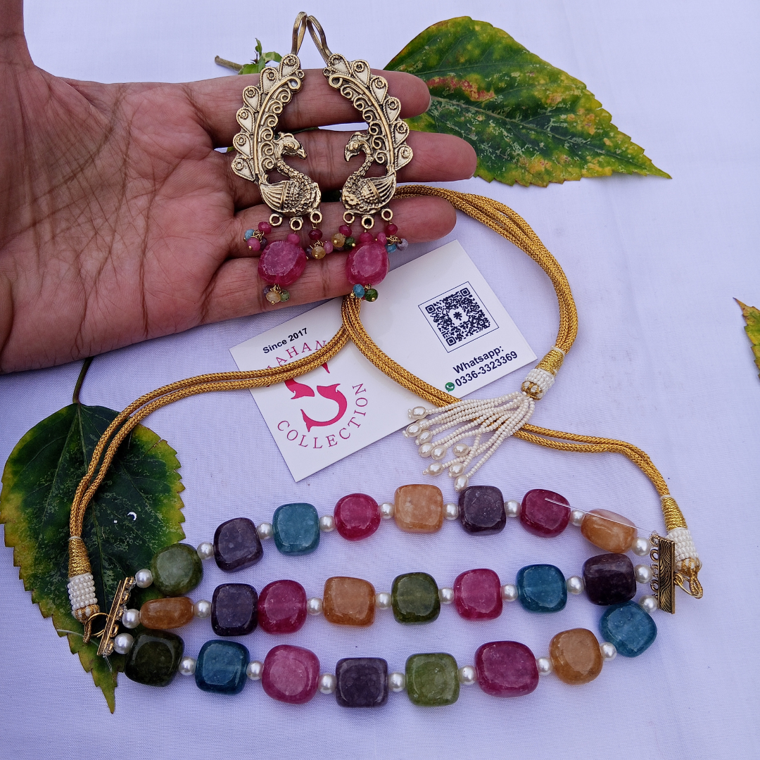 Semi Precious Stones Choker and Peacock Earrings