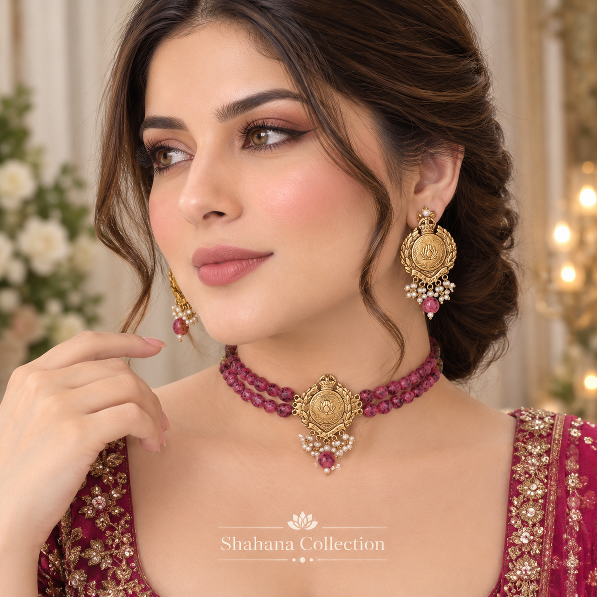 Loutus flower semi Precious stones Chokar set
