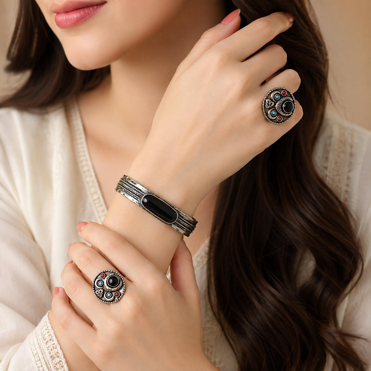 Midnight Onyx Cuff & Ring Set Size adjustable