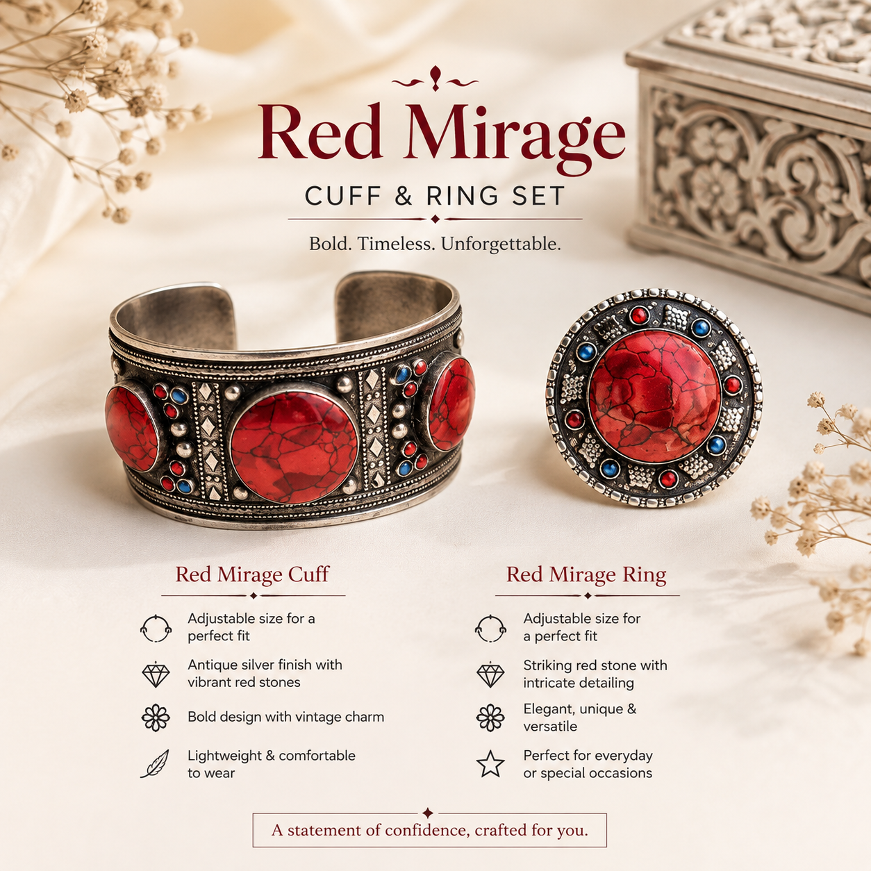 Red Mirage single Cuff & Ring Set