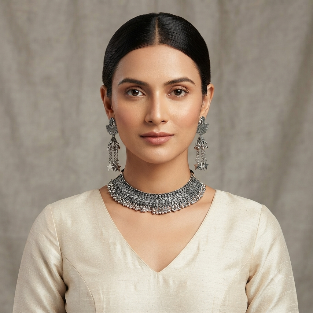Rajwara Silver oxidized necklace and Earrings