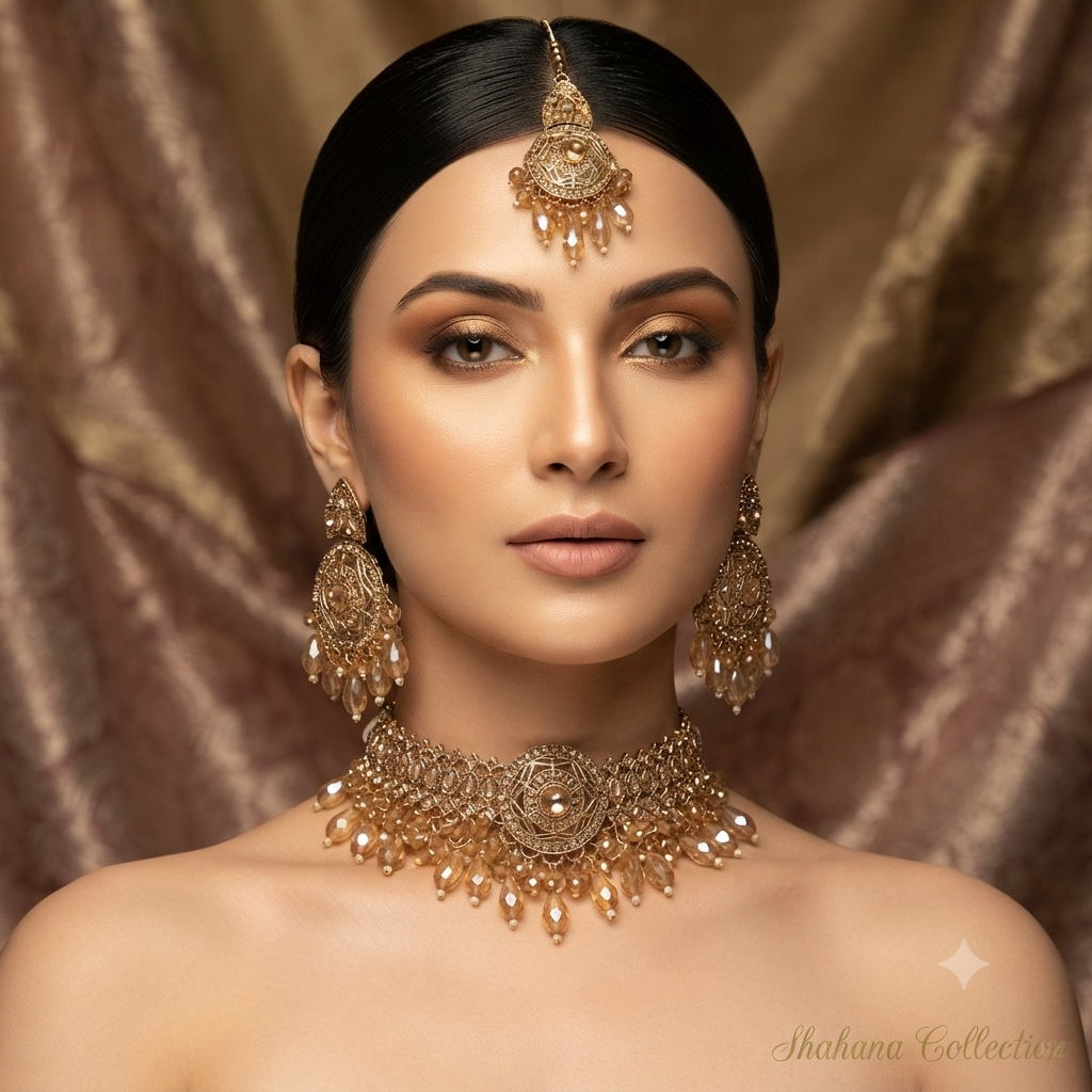 Gul-e-Noor Rajwari Set 
Chokar earrings and teeka