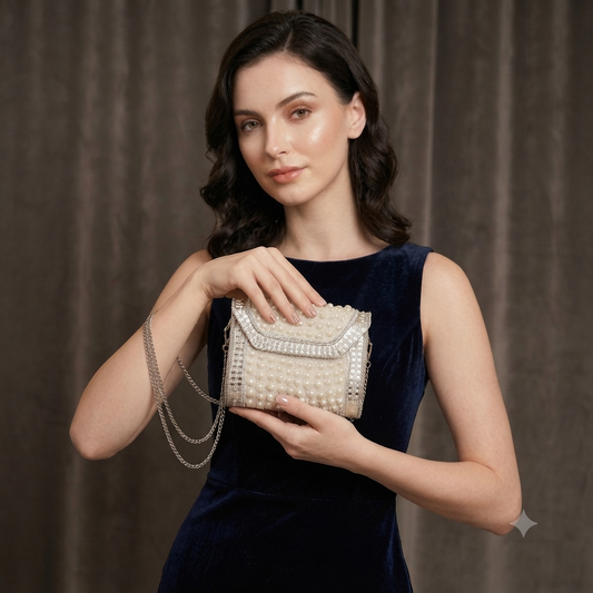 Silver with Pearls Mini Metal Clutch