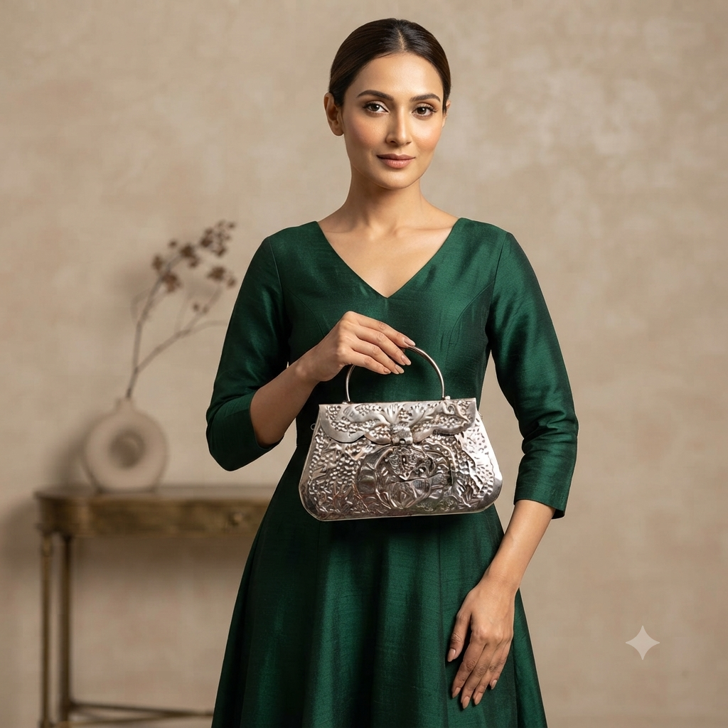 Pebble Bloom Silver Clutch
