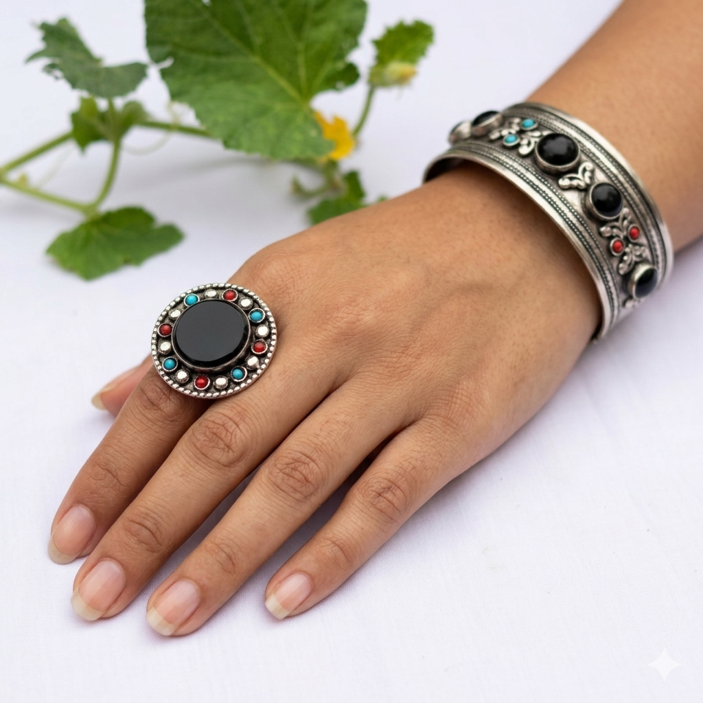 Black Onyx Kazhak hand cuff And Ring