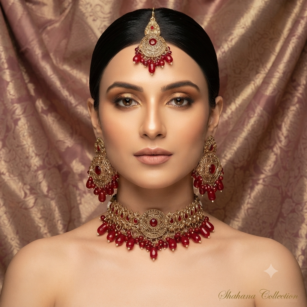 Gul-e-Noor Rajwari Set 
Chokar earrings and teeka