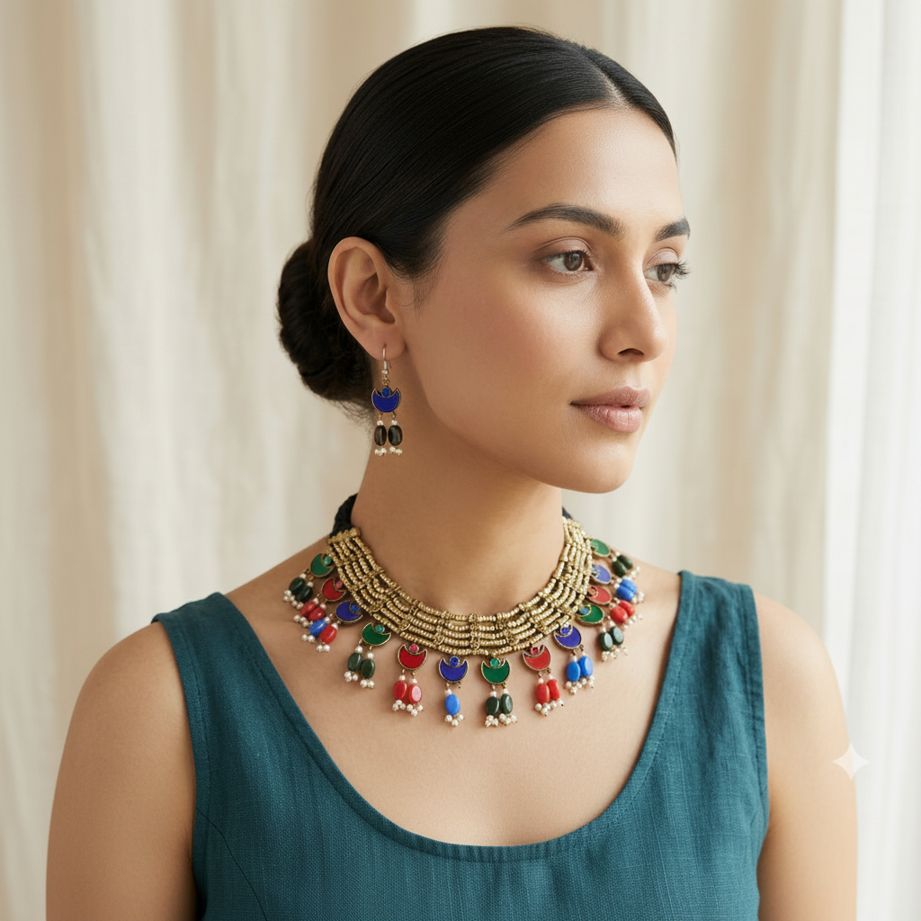 Multi moon Choker and Earrings