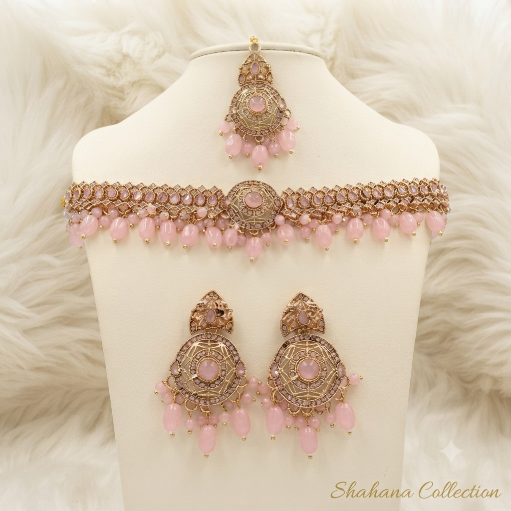 Gul-e-Noor Rajwari Set 
Chokar earrings and teeka