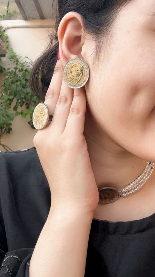 Two tone peacock Chokar studs and Ring