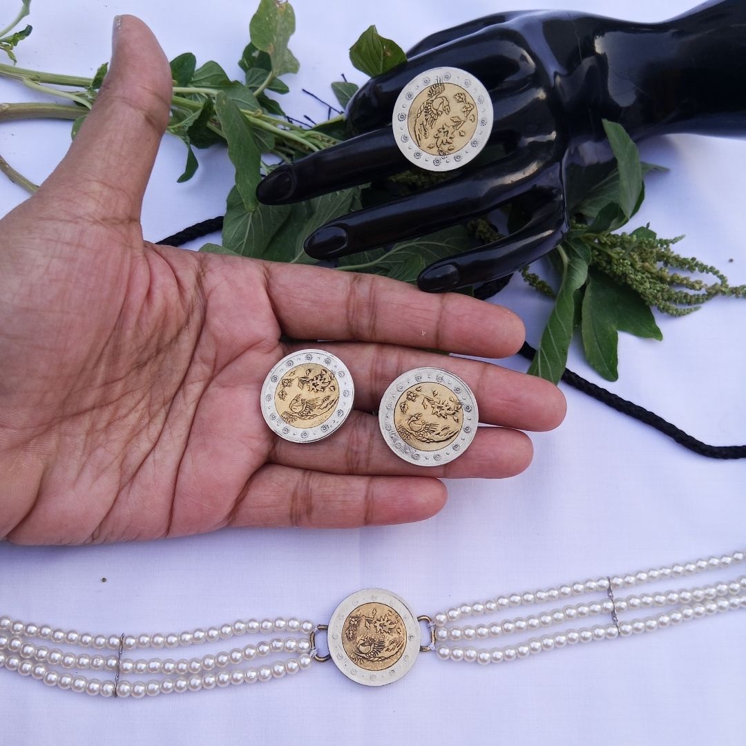 Two tone peacock Chokar studs and Ring