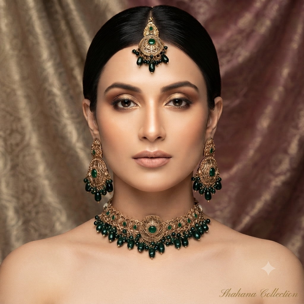 Gul-e-Noor Rajwari Set 
Chokar earrings and teeka