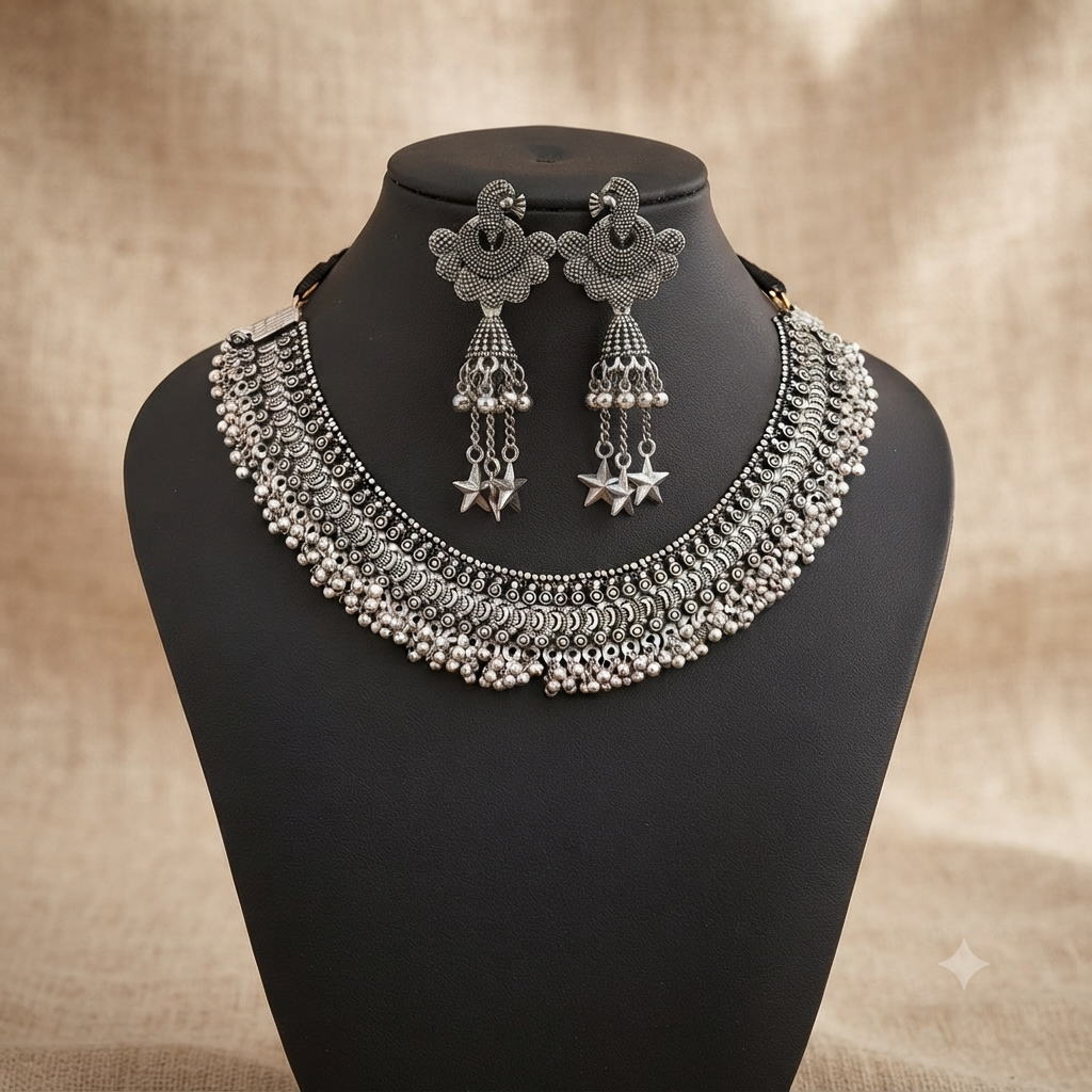 Rajwara Silver oxidized necklace and Earrings