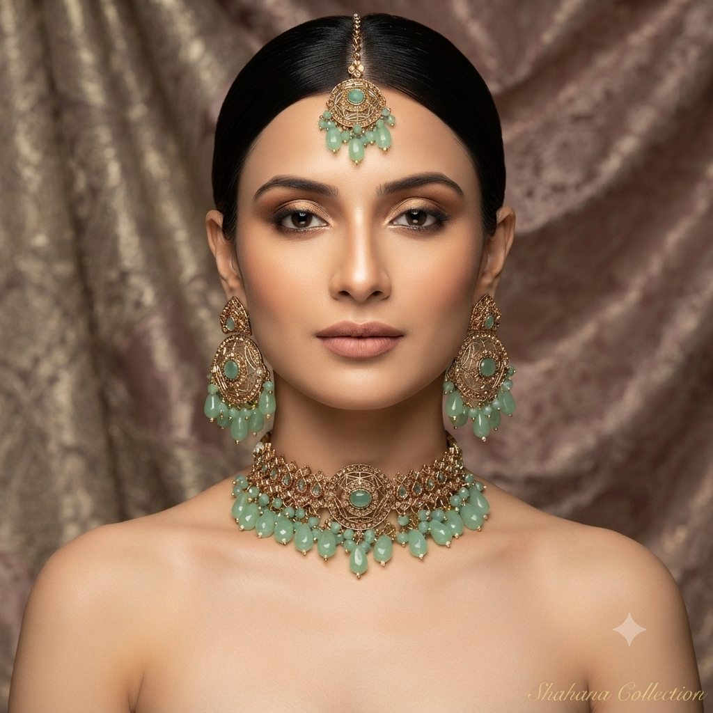 Gul-e-Noor Rajwari Set 
Chokar earrings and teeka